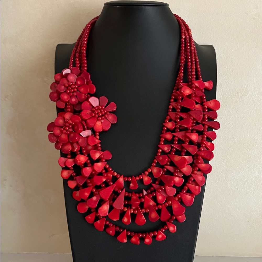 Vintage artisan red bamboo coral 5 strand necklace with three coral flowers